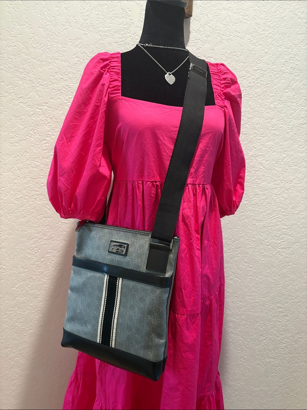 Salvatore Ferragamo Gancini Crossbody Shoulder Bag in Light Gray with Black Trim